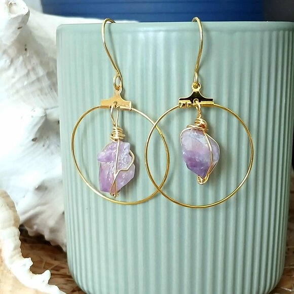 BOGO EARRINGS Raw Crystal Dangle Hoop Earrings, Assorted Gemstones - Picture 5 of 7